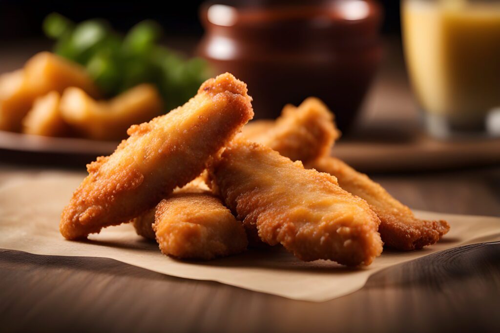 a photo of crispy and delicious chicken tenders realistic photo of, award winning photograph, 50mm, Cinematic Lighting