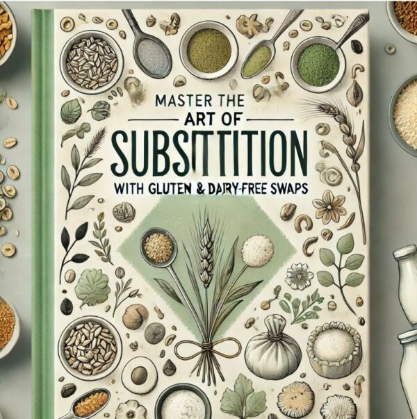 gluten and dairy free The cover of the Beginners Guide to a Gluten & Dairy Free Life features illustrated ingredients like seeds, nuts, leaves, and herbs, along with a bundle of wheat and a bottle.